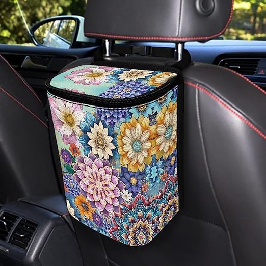 DISNIMO Boho Floral Car Trash Can Easy-to-Install Car Accessory Interior, Leak-Proof Car Garbage Can Bin Organizer Storage Bag for The Back Seat of Any Cars, Sedans, SUVs & Trucks