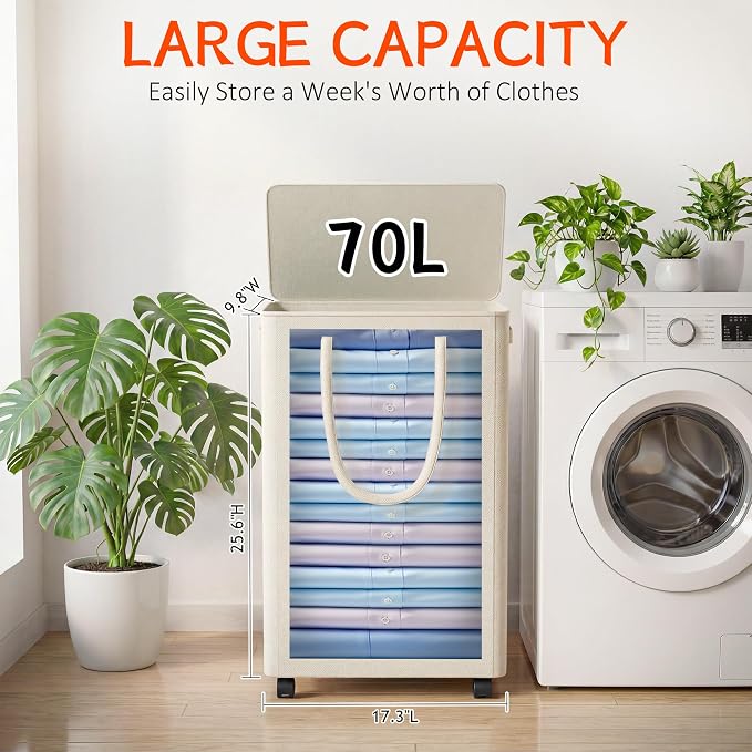 Slim Laundry Hamper with Wheels,18 Gal (70L) Rolling Laundry Basket with lid and wheels Clothes Hamper Foldable Tall Dirty Clothes Basket Sturdy Collapsible Clothes Hamper for Dorm,Laundry Room