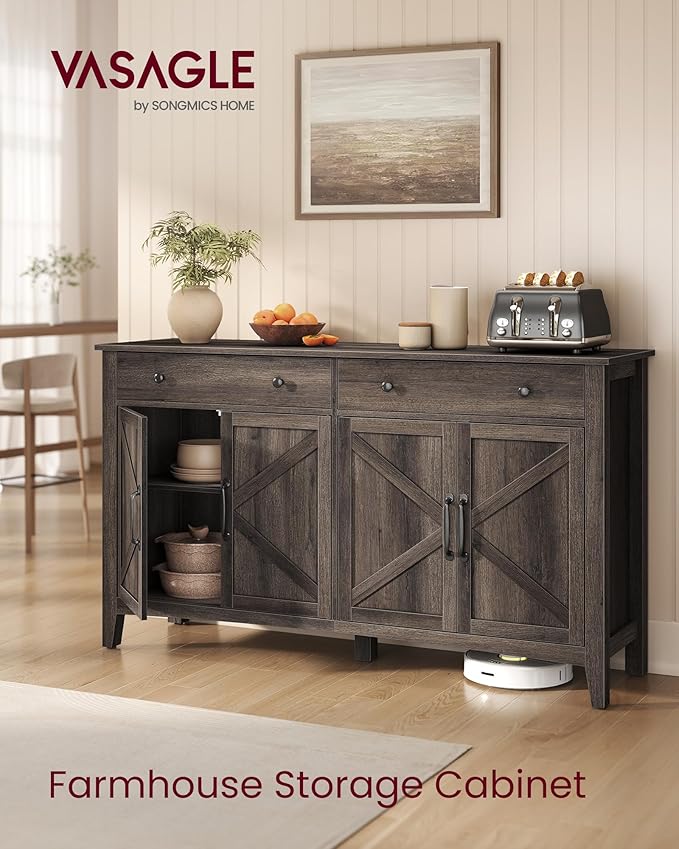VASAGLE LIRY Collection - Buffet Cabinet, Coffee Bar Cabinet with 2 Drawers, Adjustable Shelves, Sideboard Storage with Cable Holes, Drawer Dividers, Taupe Brown UBBK381TA01S