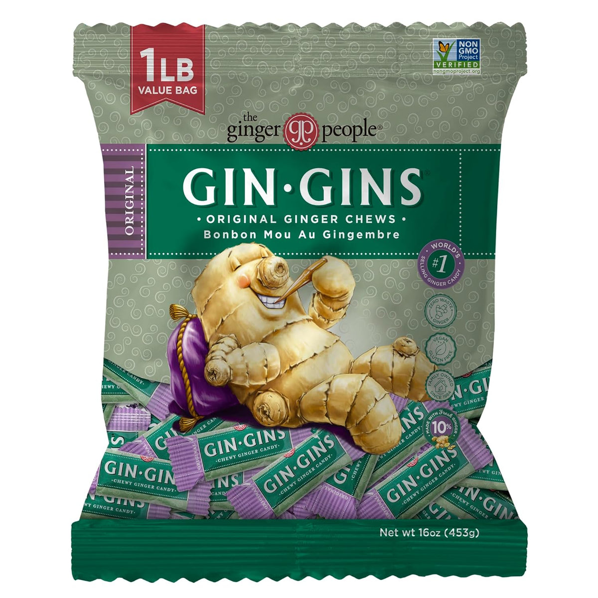 GIN GINS Mandarin Orange Ginger Chews – Natural Fresh Ginger Candy by The Ginger People – Individually Wrapped Healthy Candy – Mandarin Orange Flavor – Large 1 lb Bag (16oz) – Pack of 1