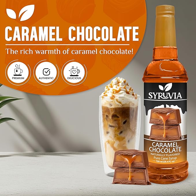 Syruvia Coffee Syrup, Caramel Chocolate Flavored Syrup for Drinks, Lattes and Desserts – 25.4 fl oz