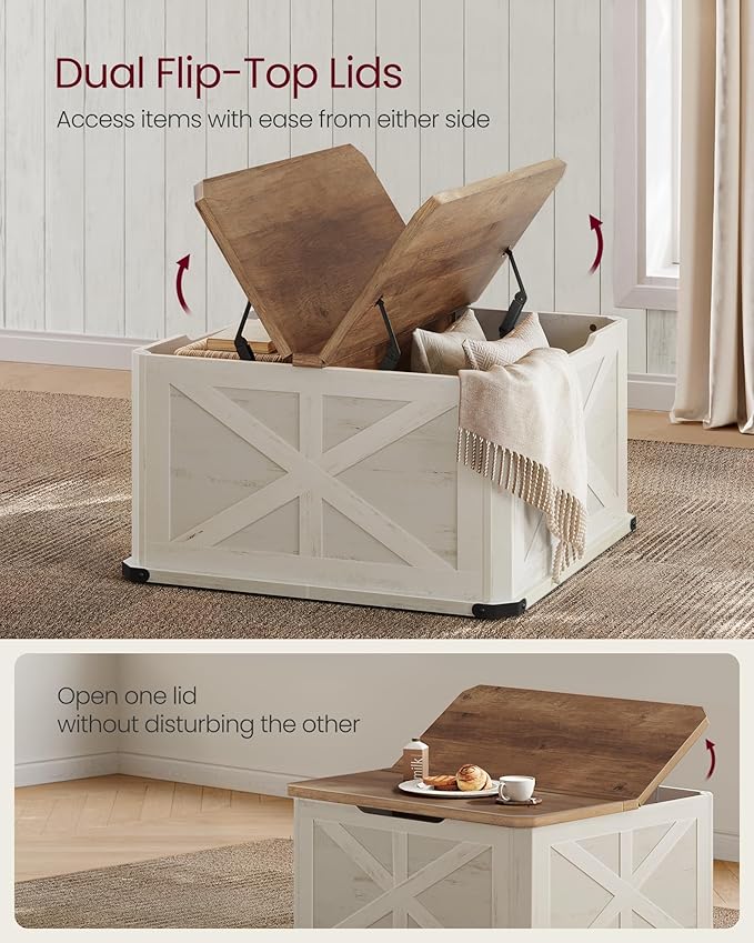 VASAGLE LIRY Collection - Farmhouse Coffee Table with Storage, Square Center Coffee Table for Living Room, with Hidden Compartment, Flip-Top Lids, Honey Brown and Rustic White ULCT232W73