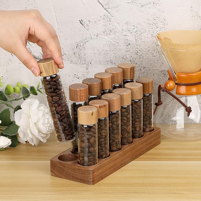 JUXYES Set of 12 Single Dose Coffee Bean Storage Tubes with Wooden Stand and Lids, Dosing Glass Vials for Coffee Storage, Coffee Bean Container Cellars, Espresso Bean Canisters Set, 2 fl oz, 1.7 fl oz