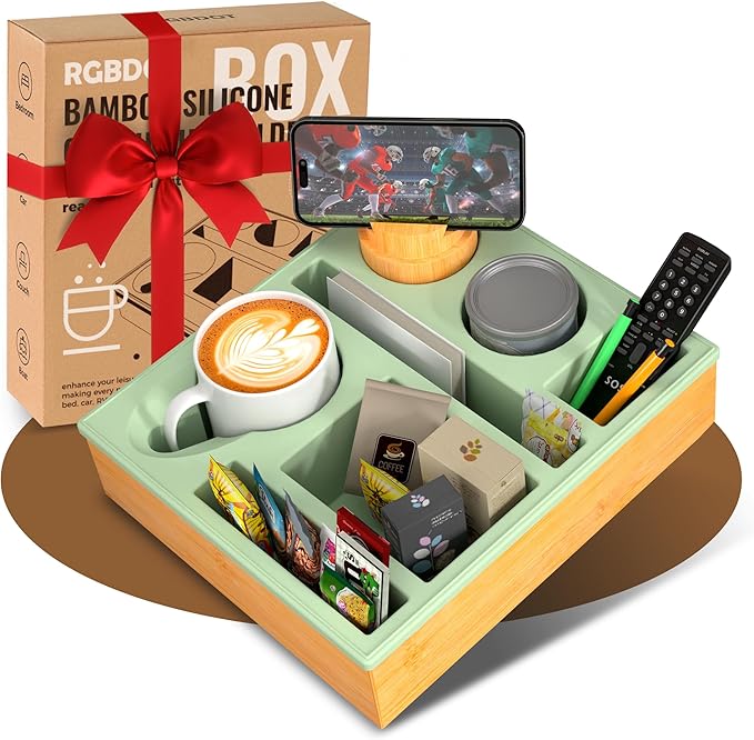 Couch Cup Holder Tray - Couch Organizer Caddy, Silicone Beach Caddy with Cup Holder, Sofa and Bed Drink Holder and Couch Tray Table for Snacks Beverage Remote (Green)