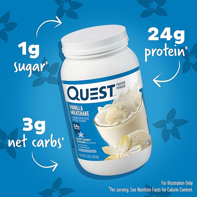 Quest Nutrition Vanilla Milkshake Protein Powder, 24g of Protein, 1g of Sugar, Low Carb, Gluten Free, 3 Pound, 43 Servings