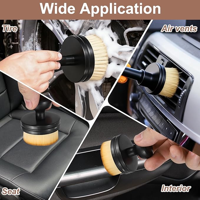HARFINGTON 3 Pcs Car Tire Shine Applicator Brush PBT Automotive Tire Dressing Brush Car Cleaning Duster with Storage Stand for Auto Detailing Cleaning, Yellow/Brown