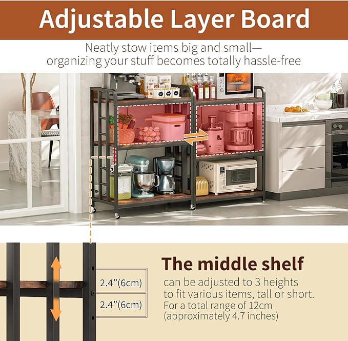 Bakers Rack with Power Outlet,Adjustable Microwave Stand with Storage,3-Tier Kitchen Shelves,Microwave cart Suitable for Kitchen,Dinning Room,Coffee Bar,Living Room,Rustic Brown