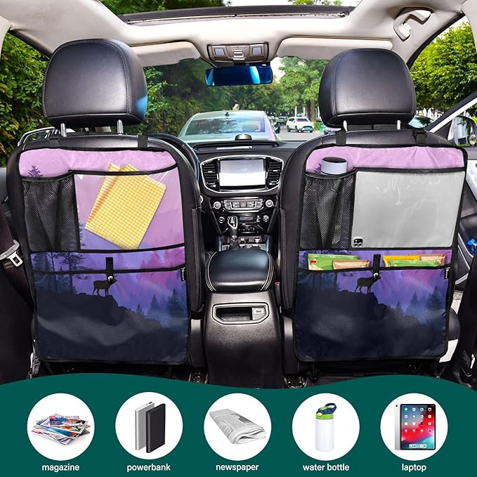 1 Pack Back Seat Car Organizer with Storage Pockets Kick Mats Back Seat Protector Hanging Car Organizer Automotive Seat Back Cover Organizers Purple Stag Mountains and Forest
