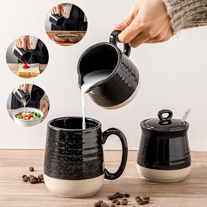 Ceramic Sugar and Creamer Container Set of 3,10 Ounce Cream Pitcher,11 Ounce Sugar Bowl with Lid and Spoon,Farmhouse Coffee Bar Accessories Set for Serving,Microwave & Dishwasher Safe,Black