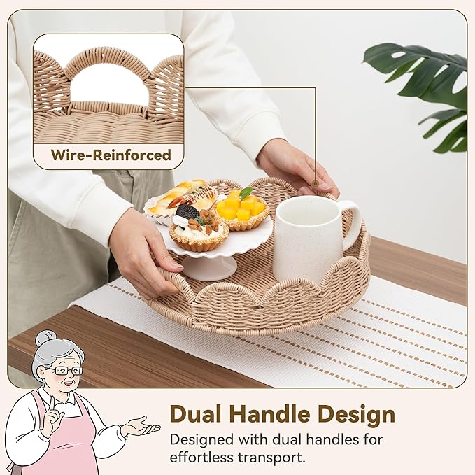 GRANNY SAYS Wicker Decorative Scalloped Trays for Home Decor, Coffee Table Trays with Handles, Woven Rattan Tray for Kitchen Counter, Round Serving Tray Decor for Living Room and Ottoman