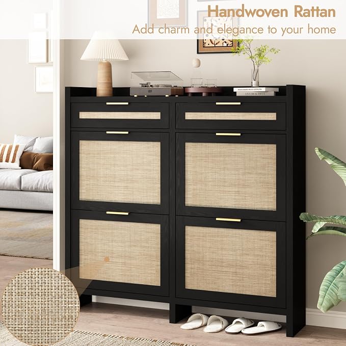 HOKYHOKY Large Rattan Shoe Storage Cabinet with 4 Flip Drawers & 2 Storage Drawers – Hidden Slim Shoe Organizer for Entryway, Large Tabletop Space, Farmhouse Boho Narrow Shoe Rack, Rustic Black