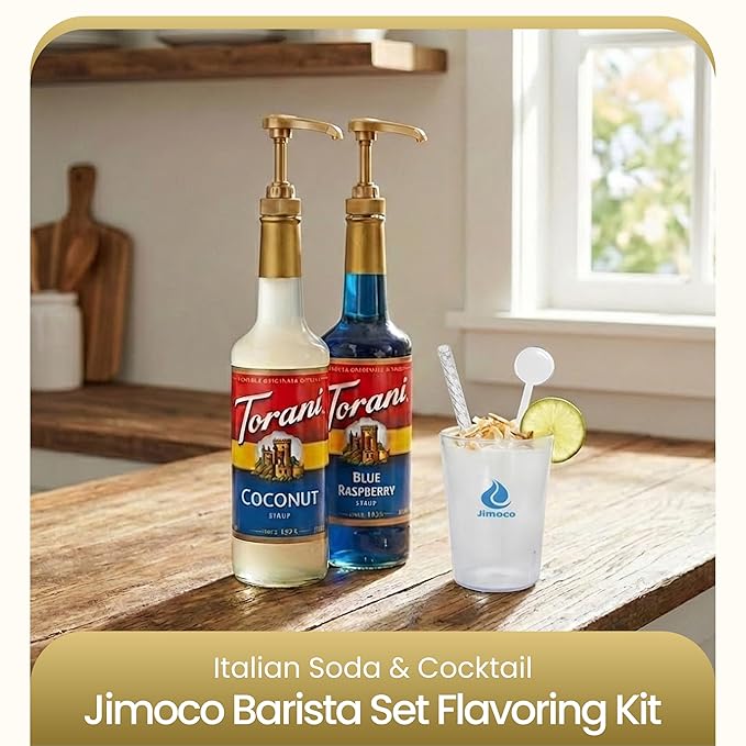 Jimoco Barista Set – Torani Blue Raspberry & Coconut Syrups (25.4 oz Each) with 2 Jimoco Syrup Pumps, Reusable Cups, Straws & Stirrers – Coffee, Italian Soda & Cocktail Flavoring Kit