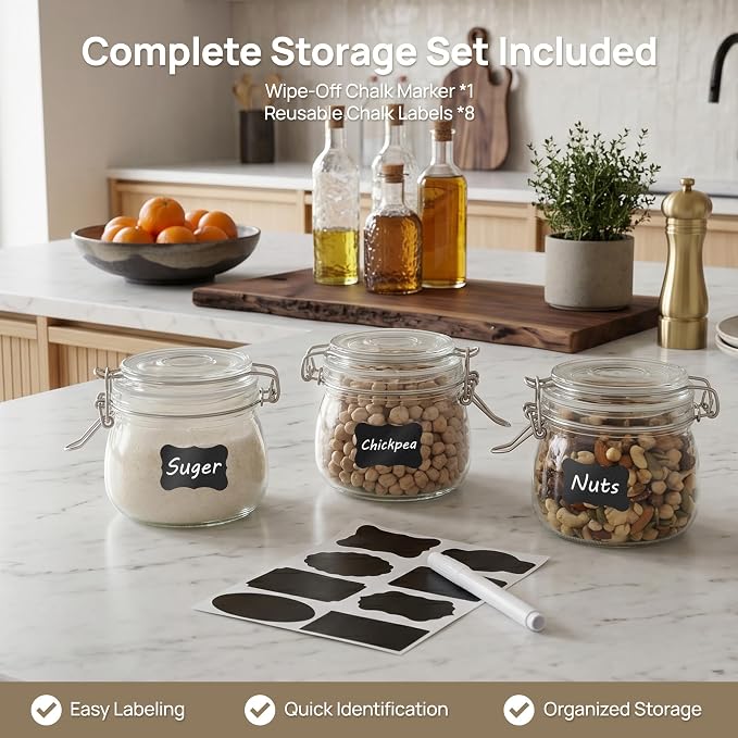 Vtopmart 3 Pack 16oz Short Glass Jars with Airtight Lids for Shallow Drawers, Pint Size Food Storage Canisters, Wide Mouth Canning Jars for Spices, Jams, Coffee Beans, Pickles & Pantry Organization