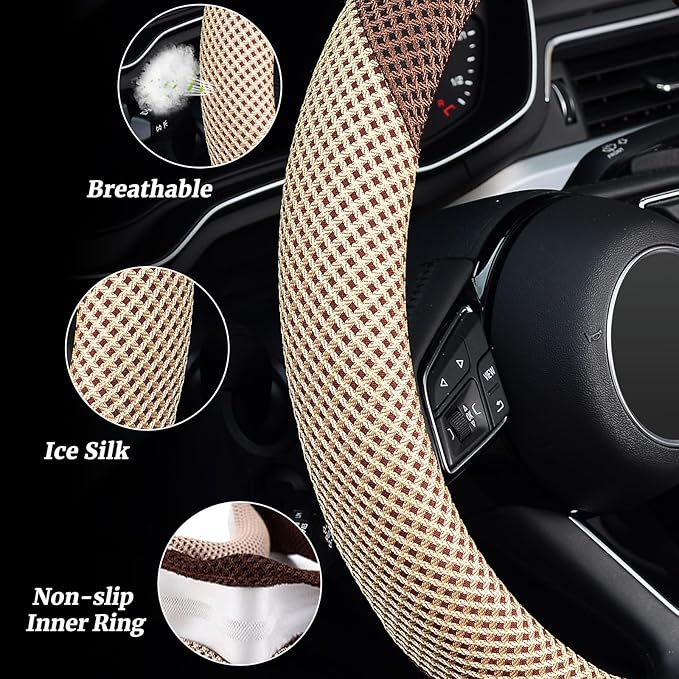 KAFEEK Steering Wheel Cover, Universal 15 inch, Microfiber Breathable Ice Silk, Anti-Slip, Odorless, Beige& Brown