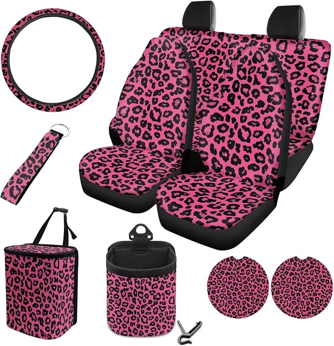 Panda Printed Car Interior Cover Sets, Set of 10, Includes Car Front and Rear Seat Protector, 15 Inch Steering Wheel Cover, Coaster, Trash Can, Air Vent Storage Bag, Keychain