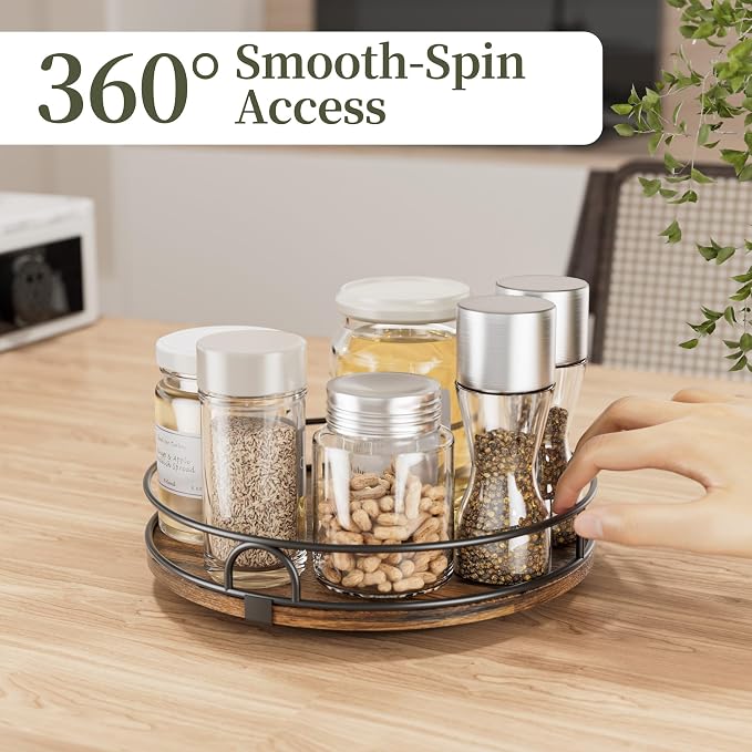 LAMU 9'' Lazy Susan Organizer for Table Top,Wooden Lazy Susan Turntable for Cabinet,Kitchen,Spice Organization,Bathroom Vanity,Rotating Pantry Storage for Table Decor