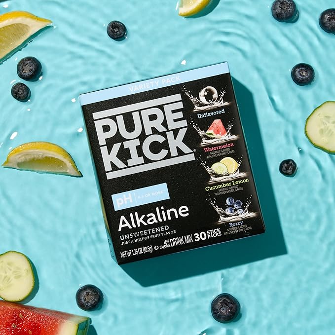 Pure Kick Alkaline pH 8.5 or Higher Powdered Drink Mix Packets Variety Pack, 30 Singles to Go!, Unsweetened with a Hint of Flavor - Watermelon, Berry, Cucumber Lemon & Unflavored, 30 Servings