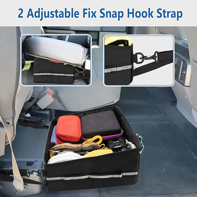 Under Seat Storage Fit for SuperCrew Cab, Foldable Truck Organizers and Storage Box Under Rear Seat For Single Seat with Removable Bottom Plate, 2 Side Handles and Hook Snap Fix Strap, Black