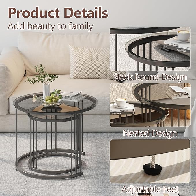 Garden 4 you Nesting Coffee Table, 23.6" Round Coffee Table Set of 2, Glass Nesting Table with Metal Frame, Ceter Tables for Living Room Bedroom Balcony, Grey