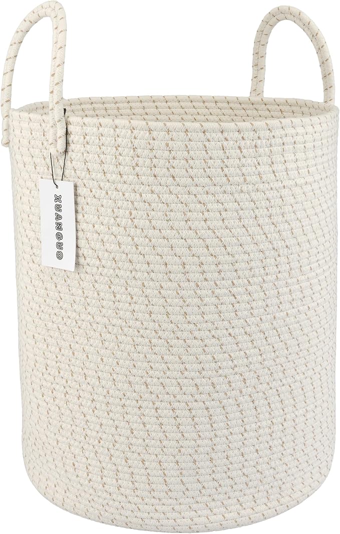 XUANGUO Cotton Rope Laundry Basket Hamper for Clothes Woven Storage Basket for Living Room Bedroom Boho Tall Rope Baskets for Blanket Toys Pillow Towels Baby Nursery Hamper Bin striped