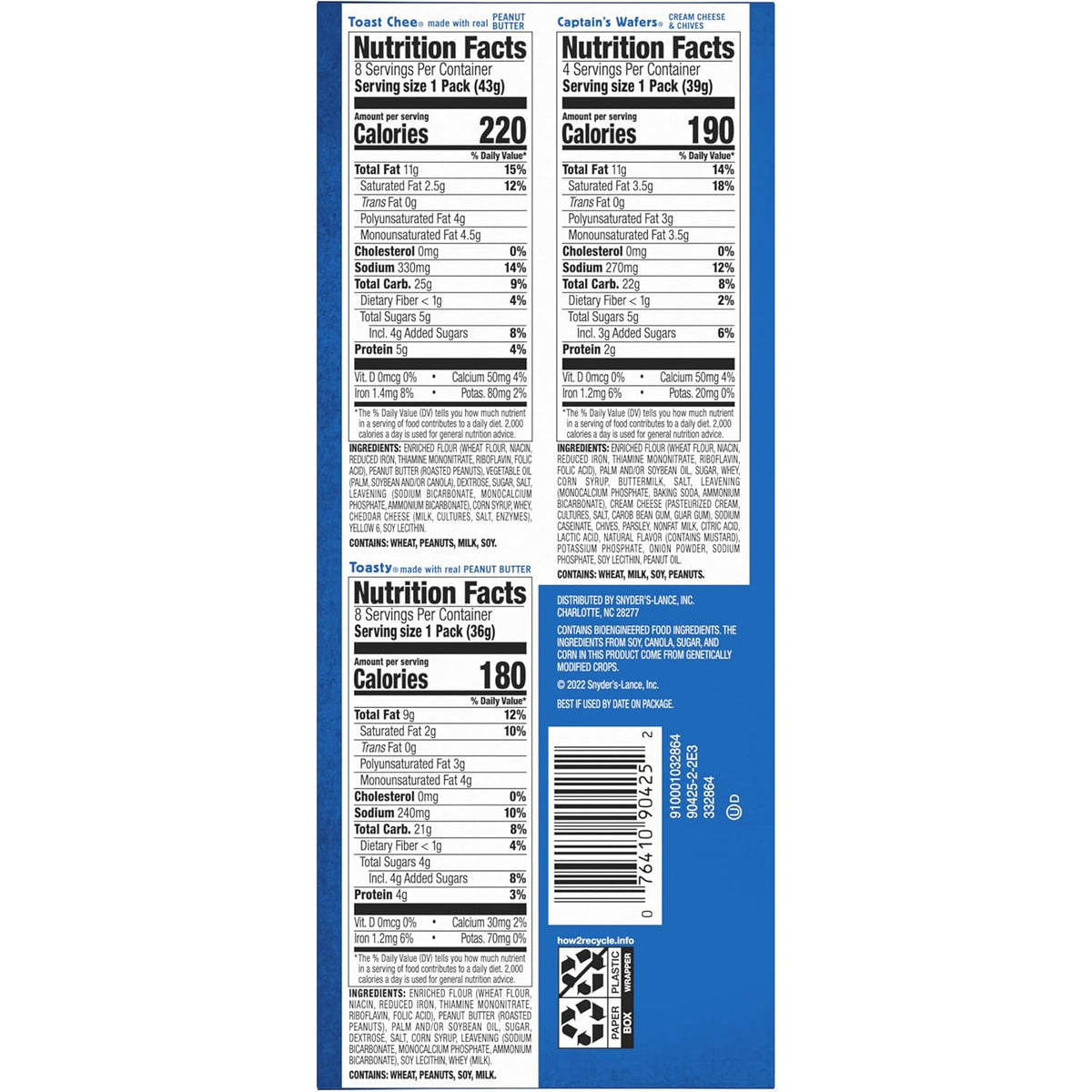 Lance Sandwich Crackers Variety Pack, 3 Flavors, 20 Individually Wrapped Packs, 6 Sandwiches Each