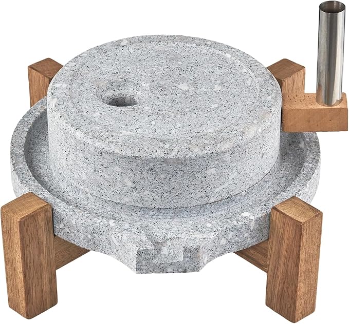 Stone Grain Mill - Manual Flour Mill with Stable Wood Base, Natural Granite Stone Grinder Mill for Dry & Wet Use, Home Kitchen Tool (9.8 x 13.8 inch)