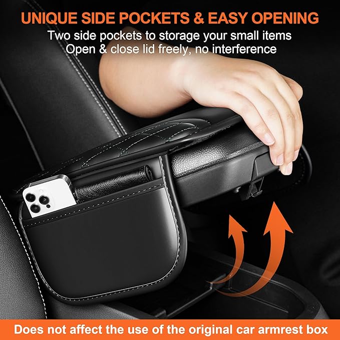 Center Console Cover Fit for XT6: Scratch and Wear Resistant Leather Console Cover with 2 Storage Bags -Upgraded Armrest Cover for Car,Anti-Scratch Auto Armrest Pad Accessory （Black