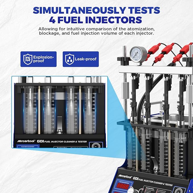 MR CARTOOL V209 GDI Fuel Injector Cleaner Machine, 110V 4-Cylinders Heated Ultrasonic Injector Cleaner Kit with 10 Functions, Gasoline Fuel Injector Tester for Car Motorcycle EFI/FSI Injectors