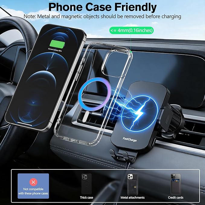2026【80+LBS Safest Strongest】 Upgrade Car Phone Holder Mount, 360° Rotation Wireless Car Charger with Metal Hook Clip & Strongest Suction for Dashboard Windshield Vent for iPhone 17 16 Samsung