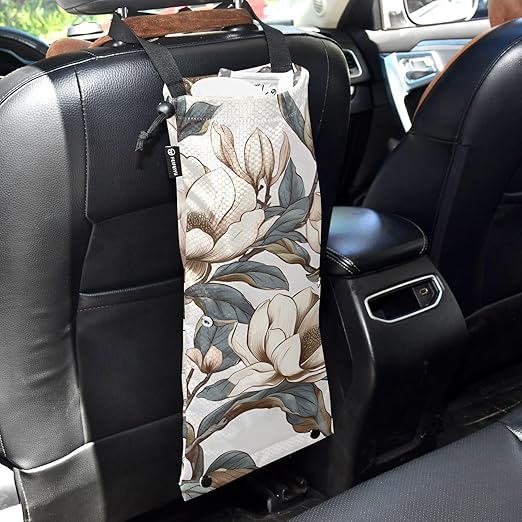 ALAZA Hanging Car Trash Bags Garbage Bag Trash Can for Back Seat Small Mangnolia Flower Washable Storage Bag Retractable 2 Pack