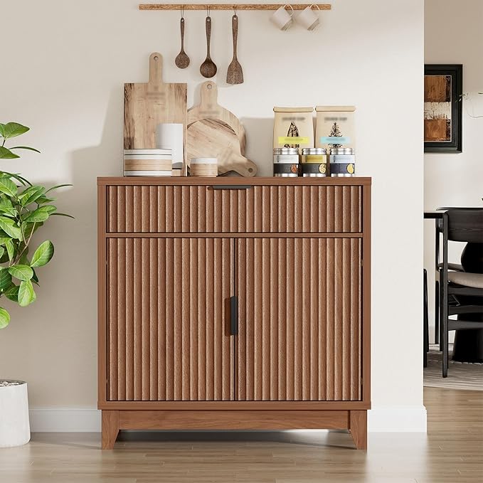 Vabches Fluted Sideboard Buffet Cabinet with Storage, 32" Wide Coffee Bar Console Table with Drawer, Fluted Doors & Adjustable Shelf, Wood Buffet Table for Living Room, Kitchen Dining Room, Brown