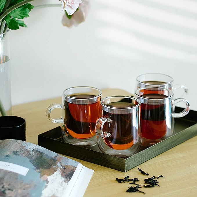 BTaT- Double Walled Glass Coffee Mugs, 8 oz, Set of 4, Glass Coffee Cups with Handle, Insulated Clear Coffee Mug for Hot and Cold Beverages, Cappuccino, Latte, Tea, Americano, Microwave Safe