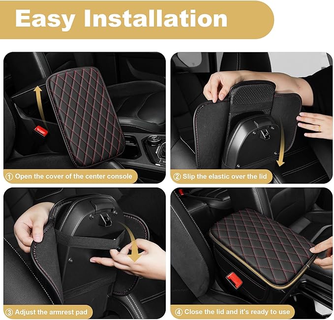 Center Console Cover for Civic: Armrest Cover for Car with 2 Storage Bags - Scratch & Wear Resistant & Waterproof Leather Console Cover,Anti-Scratch Auto Armrest Pad Accessory （Black&Red
