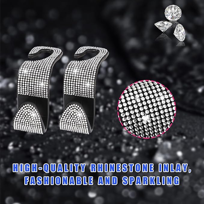 2 PCS Bling Car Seat Headrest Hooks, Crystal Rhinestone Back Seat Hanging Storage Organizer, Vehicle Seat Hanger Holder for Purse Handbag Coat, Interior Car Accessories (White)