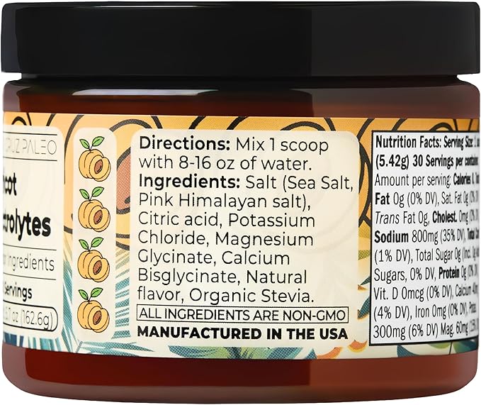 Santa Cruz Paleo Electrolyte Powder, Apricot Flavor, Sugar Free Hydration Drink Mix with Himalayan Pink Salt, Sea Salt, Magnesium Glycinate, Potassium Chloride, Sweetened with Stevia, 30 Servings