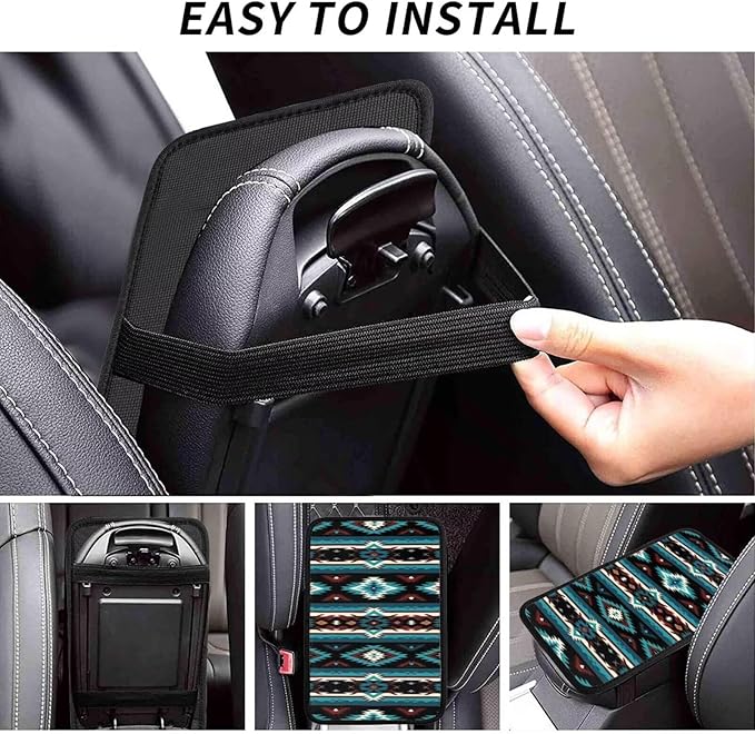Car Center Console Cushion Pad Aztec Boho Armrest Seat Box Cover Protector Native American Armrest Pads Western Turquoise Stripe Car Decor Accessories for Sedans Vans Truck Vehicles SUV