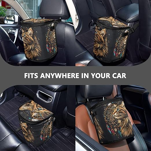 MNSRUU Car Trash Can with Lid, Cute Cat Dream Catcher Car Trash Bag Hanging Organizers and Storage for Front Back Seat, Leak-Proof Trash Bin