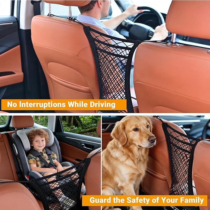 3-Layer Car Organizer with 2pockets-Black Mesh Car Seat,dog pets and baby Net Barrier,Purse Holder| Tissue Holder |Storage Bag for Car