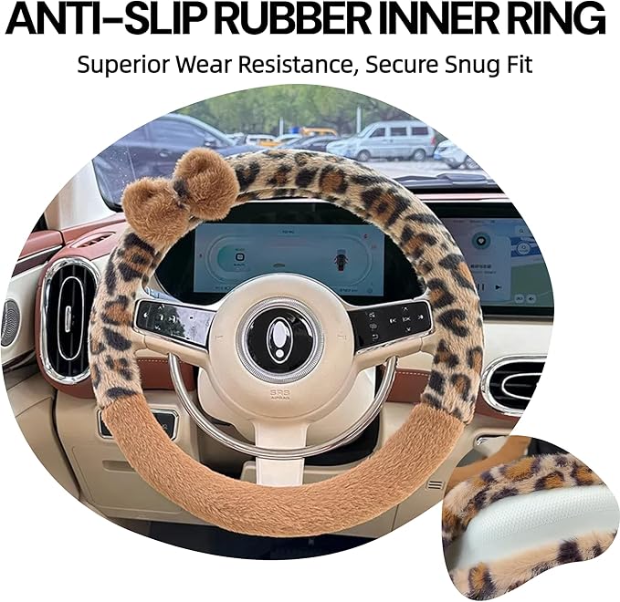 Car Steering Wheel Cover with Leopard Print & Cute Bowknot Soft Anti-Slip Y2K Retro Luxury Fluffy Fur Car Interior Accessory (Leopard Set 5)