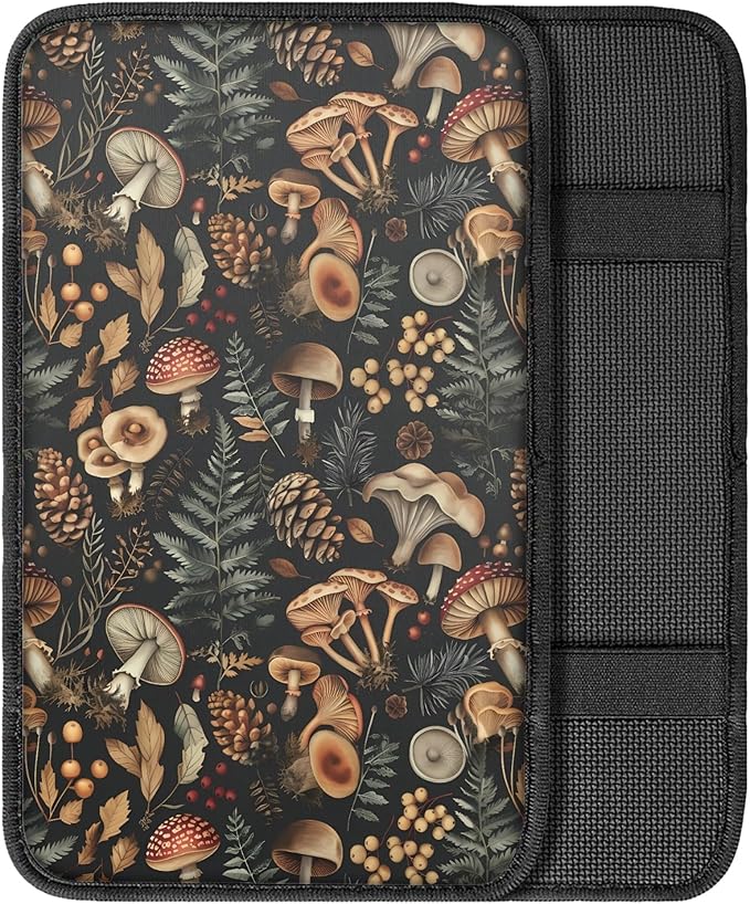 Mushroom Leaves Print Car Center Console Cover,Auto Armrest Cover Pads for Women Girls,Mushroom Car Accessories