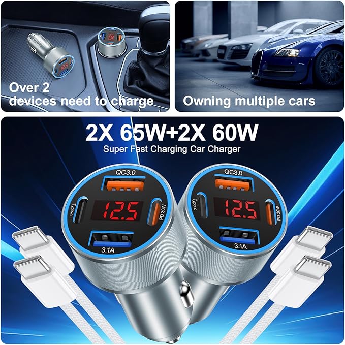 iPhone Fast Car Charger, 65W 4-Port USB C Car Phone Charger Adapter with 2x6FT USB C Cable,Multiport Cigarette Lighter USB Charger with Voltage Display for iPhone 17 16 15 Pro Max,iPad,Samsung,Android