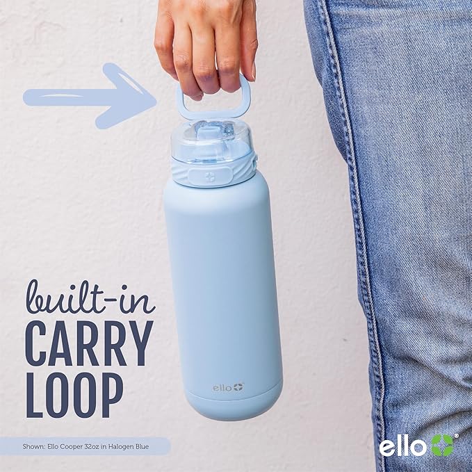 Ello Cooper 40oz Stainless Steel Water Bottle with Straw and Carry Handle, Double Walled and Vacuum Insulated Metal, Leak Proof Locking Lid with Soft Silicone Spout, Reusable, BPA Free, White Marble