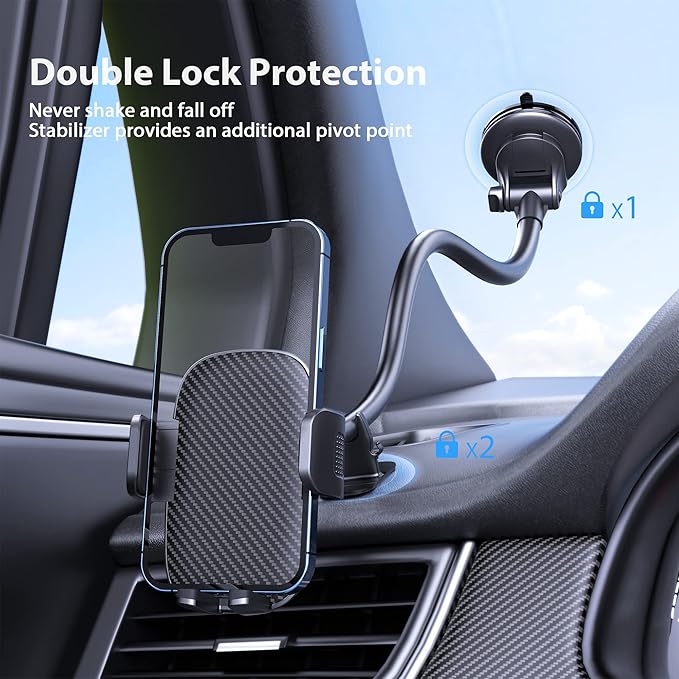 Qifutan Phone Holder - 14-Inch Long Arm Windshield Car Cell Phone Holder Anti-Shake Stabilizer Automobile Mount for iPhone Android Smartphones