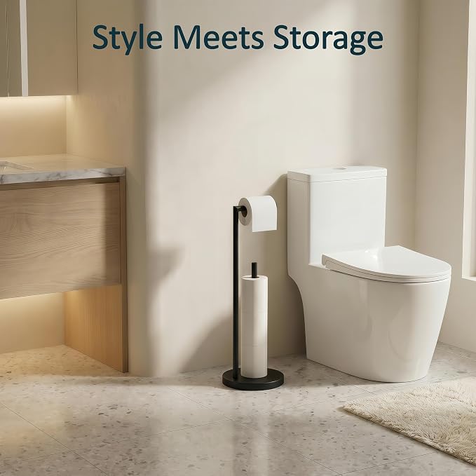 FORIOUS Toilet Paper Holder Stand, Modern Freestanding Tissue Roll Holder for Bathroom, Durable SUS 304 Stainless Steel and Weighted Base Toilet Paper Stand, Storage for 4 Rolls, Matte Black