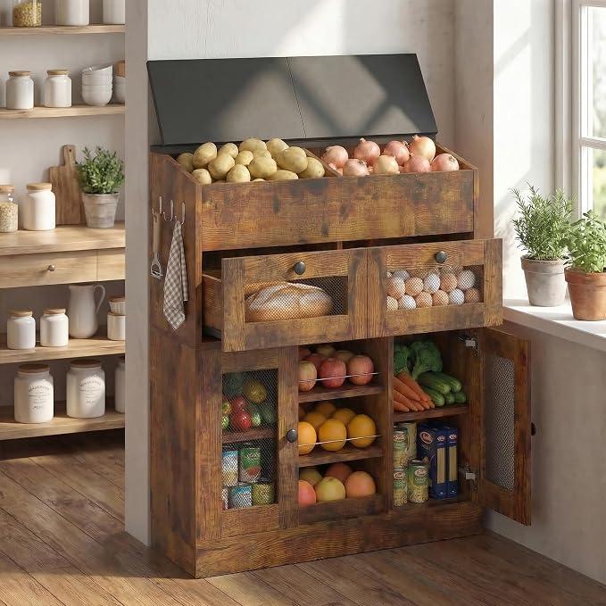 Wooden Potato and Onion Storage Bin with Lid, Potato Bin with 2 Mesh Drawers, 5-Tier Fruit & Vegetable Cabinet with Mesh Doors, Rustic Kitchen Organizer with Adjustable Shelves for Pantry (31.9")