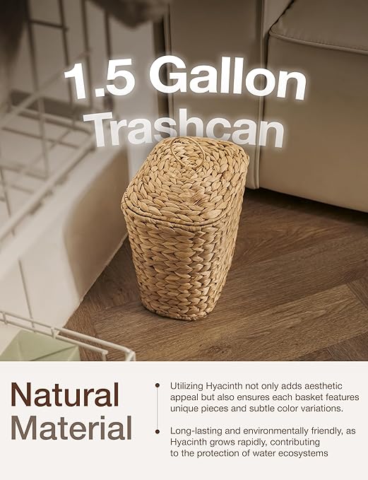 Tidita 1.5 Gallon Wicker Wastebasket with Lid, Woven from Water Hyacinth | Hyacinth Construction, Woven Design, Removable Plastic Liner Included, Removable Lid, Iron Frame, Odor Proof, Versatile Use