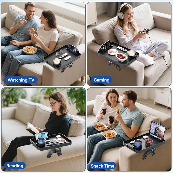 Couch Armrest Table Couch Arm Tray Cup Holder Plastic Armchair Caddy Recliner Arm Caddy Large Sofa Armrest Organizer Adjustable Clip on Snack Tray Drink Holder Removable Phone Pad Holder 16.38x11.02''