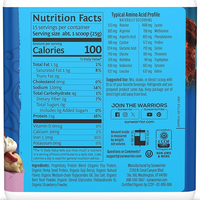Sunwarrior - Warrior Blend, Plant Based, Raw Vegan Protein Powder with Peas & Hemp, Berry, 13.2 Ounce (Pack of 1)
