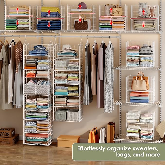 X-cosrack 8-Tier Closet Hanging Organizer Shelf - Hanging Clothes Organizer Shelves, Metal & Foldable Hanging Closet Organizer Baskets with Adjustable Dividers for Clothing Sweaters Shoes Handbags