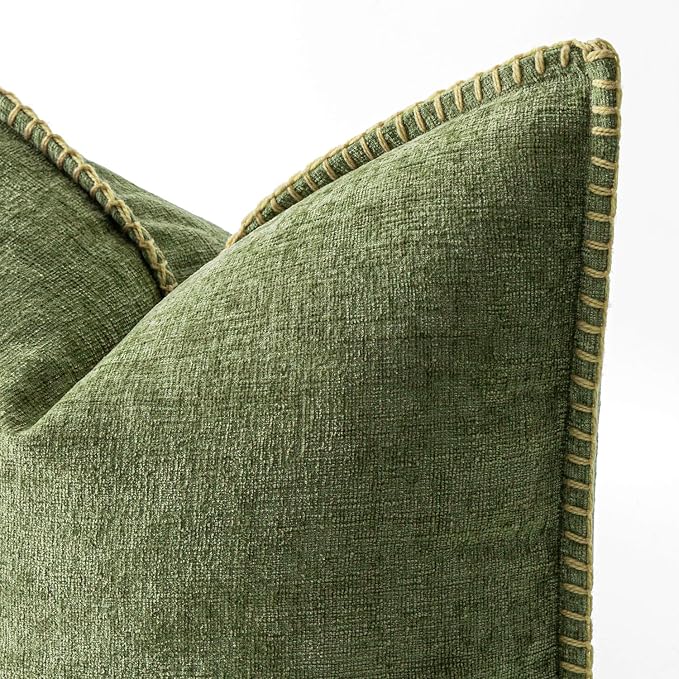 MIULEE Pack of 2 Couch Throw Pillow Covers 20x20 Inch Sage Green Farmhouse Decorative Pillow Covers with Stitched Edge Soft Chenille Solid Dyed Summer Pillow Covers for Sofa Bed Living Room